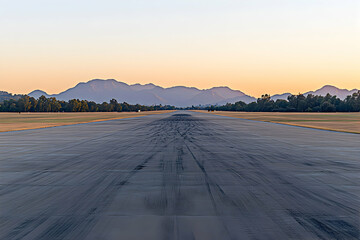 Scenic runway at sunrise, tire marks on asphalt, mountains in background. Ideal for travel, transportation, or adventure concepts.