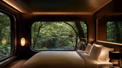 Luxurious bedroom with large window overlooking lush forest.