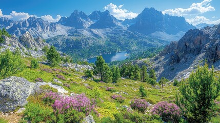 Vibrant mountain landscape with blooming wildflowers and serene lake under a clear blue sky