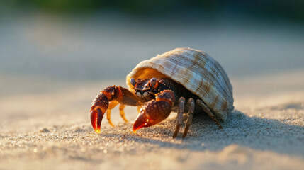 hermit crab with shell is scuttling across sandy beach, showcasing its vibrant claws and unique habitat