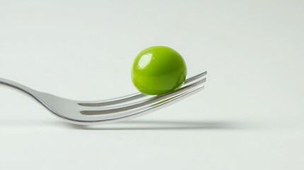 A single vibrant green pea delicately balanced on the tines of a silver fork against a stark white background. The image evokes simplicity and freshness.