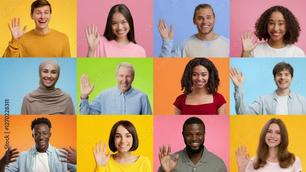 Poster a joyful collection of diverse individuals expressing friendly greetings through hand waves and smil