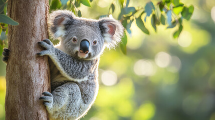 Naklejka premium koala clinging to eucalyptus tree, surrounded by greenery and sunlight