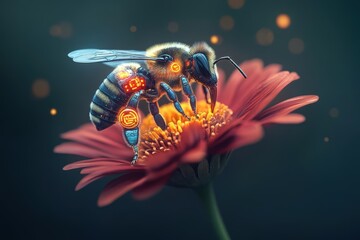Naklejka premium A Vibrant Bee Pollinating a Colorful Flower in a Lush Garden Setting Under Bright Sunlight Showcasing Nature's Beauty and Delicate Ecosystem Harmony