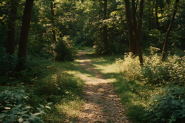 Obraz premium Serene woodland path bathed in dappled sunlight, winding through lush green foliage and tall trees. Perfect for nature, tranquility, and escape themes.