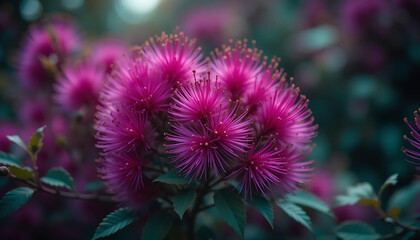 Obraz premium Close-up of Vibrant Pink Powderpuff Flower Blooming in a Garden Setting