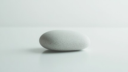 A single, smooth, gray stone rests on a minimalist white background.  The subtle texture and soft light create a serene and calming image.