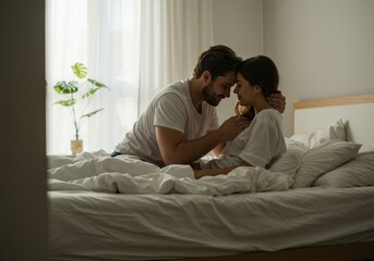 Fototapeta premium Romantic Couple Intimate Moment in Bed Morning