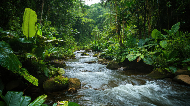 lush watershed area with diverse plant life and flowing water creates serene atmosphere