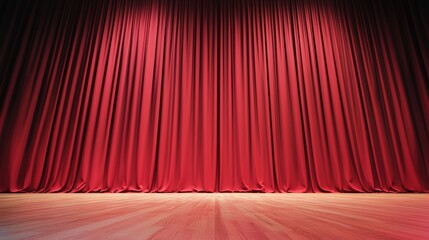 A rich red curtain hangs on stage, creating a dramatic backdrop for performances, evoking anticipation and excitement for the audience.