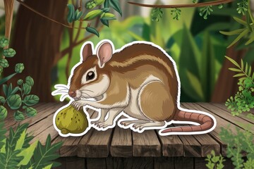 Detailed illustration of a cute cartoon chipmunk holding a fruit on a wood table with a leafy green background, graphic novel style, nature illustration