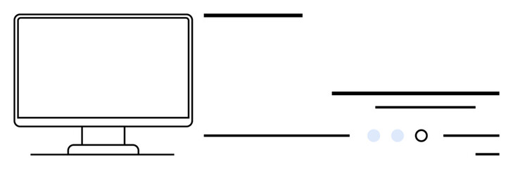 Desktop monitor with black lines and circular loading animation. Ideal for technology, user interface design, software development, websites, apps, presentations, and data display. Line metaphor