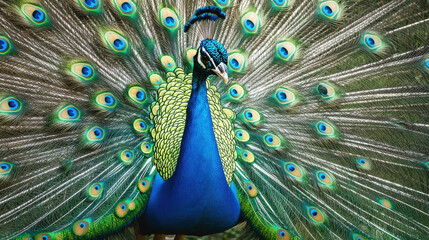 peacock displaying its colorful feathers in full bloom, showcasing vibrant blues and greens