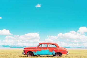 Fototapeta premium Abandoned Vintage Car Rusting in Solitude Amidst a Vast Desert Landscape with Dusty Roads and Expansive Blue Sky Evoking Feelings of Nostalgia and Isolation