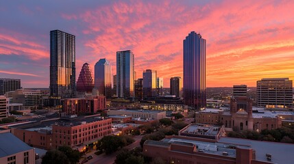 Fototapeta premium Vibrant sunset over city skyline, downtown streets, Texas