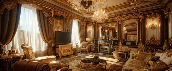rich interior of studio with gold decorations on the walls