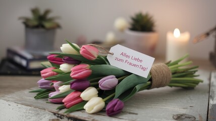 Beautiful tulip bouquet with a tag celebrating international womens day