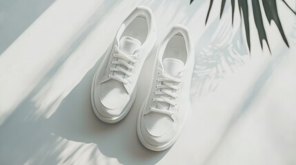 A pair of clean white sneakers rests on a bright white surface, illuminated by sunlight filtering through palm leaves. Minimalist, stylish footwear.