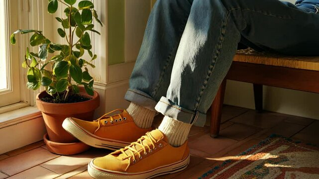 Bright yellow sneakers complement casual attire while resting beside a potted plant indoors in warm sunlight