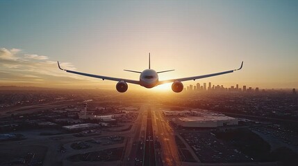 Naklejka premium Airplane flying towards sunset over a city skyline with an airport in the foreground