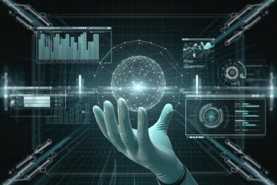 Gloved Hand Holding Glowing Sphere with Tech Interface, Futuristic Cyan Design, AI concept, Modern Data Visualization, Science Innovation