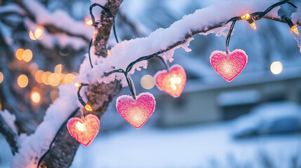 Beautiful pink Valentine lights on a snowy branch