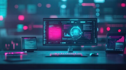 Obraz premium Modern Workspace Featuring a Sleek Desktop Computer and a Portable Laptop on a Minimalist Desk Surrounded by Office Supplies and Natural Light