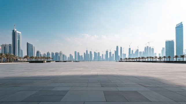 A clean plaza with a distant skyline. Featuring opportunity and serenity