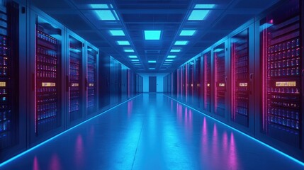 Futuristic data center with glowing blue and red lighting, sleek server racks, and advanced technology. Ideal for cloud computing, cybersecurity, and high-speed data processing
