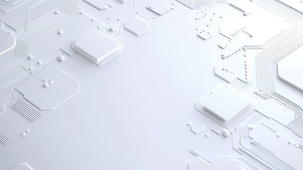 Abstract white circuit board with geometric shapes, representing technology and innovation in digital design.