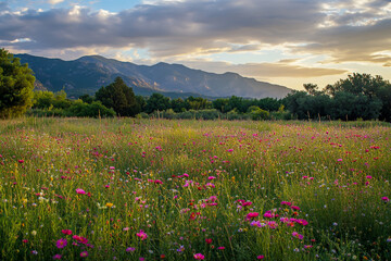 Fototapeta premium A vibrant wildflower field with pink and red daisies in the foreground, framed by dark green trees in the background.
