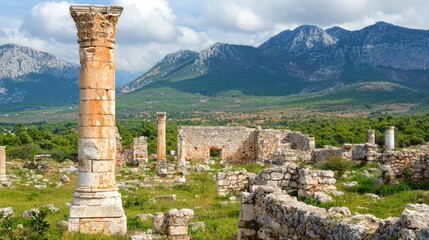 Ancient ruins with weathered columns amidst lush green landscape and mountains in background