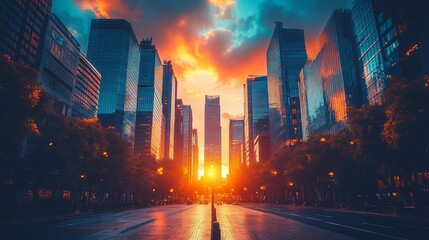 Obraz premium Urban cityscape at sunset with vibrant orange sky and modern skyscrapers in evening light