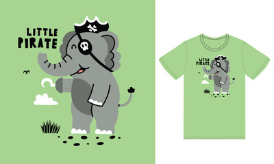 Cute pirate elephant illustration with tshirt design premium vector