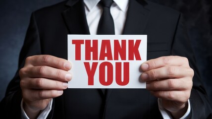 A formally dressed person extends gratitude with a thank you card