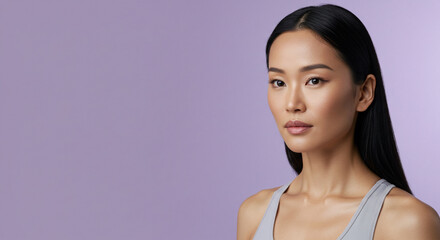 Calm Female Yogi with Natural Look on Soft Lilac Canvas