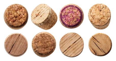 Various Natural Cork Stoppers and Discs for Wine Bottles or Crafts, isolated on transparent background