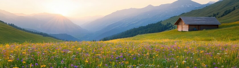 Fototapeta premium Charming Rustic Cabin Nestled in Lush Green Mountain Meadow Surrounded by Majestic Peaks and Vibrant Wildflowers Under a Clear Blue Sky