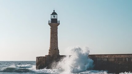 Obraz premium Majestic lighthouse standing tall on rocky shore with crashing waves under clear sky