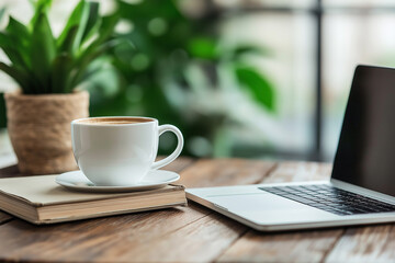 Enjoying coffee and working on a laptop in a cozy environment with greenery around