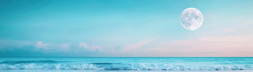Majestic Full Moon Illuminating the Tranquil Ocean Waves Under a Starry Sky Creating a Dreamy and Serene Nighttime Seascape Atmosphere