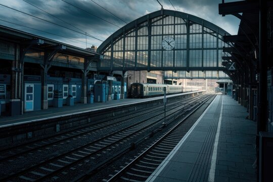 Moody, atmospheric shot of a train at a vintage European railway station under dramatic cloudy skies in muted blues and greens