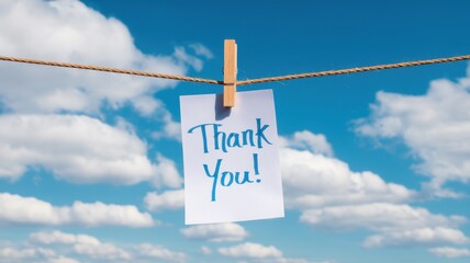Fototapeta premium Thank you note hung with clothespin against a blue sky