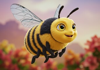 Adorable Fuzzy Bee Flying in Sunset Meadow