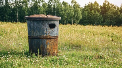 Rusty metal trash bin standing alone in a grassy field surrounded by trees and nature
