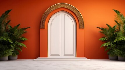 Fototapeta premium Elegant Arabic Archway in Vibrant Orange Room with Decorative Plant Elements