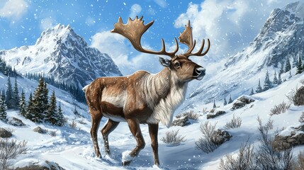 Obraz premium Majestic reindeer walking through a snowy mountain landscape under a bright blue sky