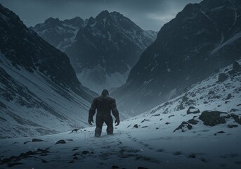 Bigfoot in Snowy Mountains Landscape Dramatic Scene