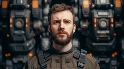 Futuristic Soldier in Tactical Gear Against High-Tech Robotic Background