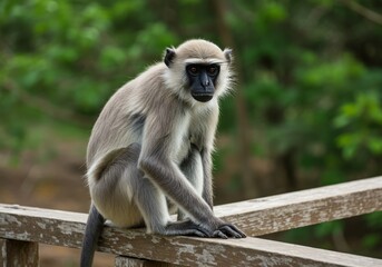 Fototapeta premium Gray Langur Monkey Sitting on Wooden Railing
